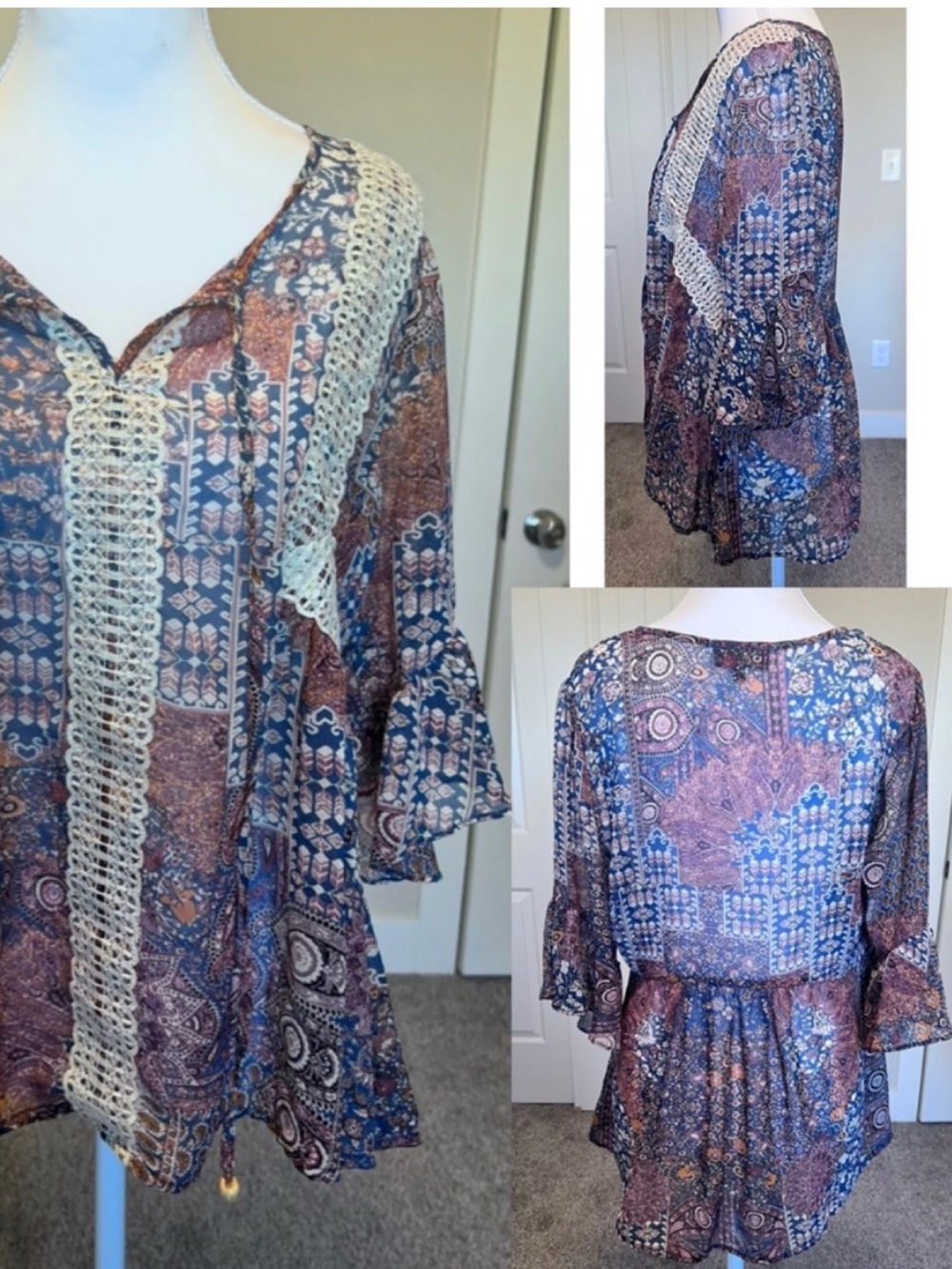 Artesia Brown Blue Patchwork Sheer Lace Boho Bell 3/4 Sleeve Blouse Sz Small